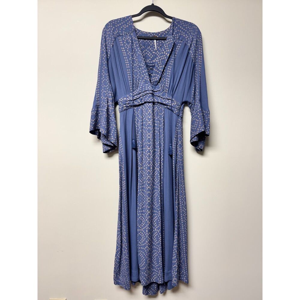 FREE PEOPLE Blue/Tan Modern Kimono Sleeve V-Neck Lace Up Midi/Maxi Dress, Sz 2 - Picture 2 of 16